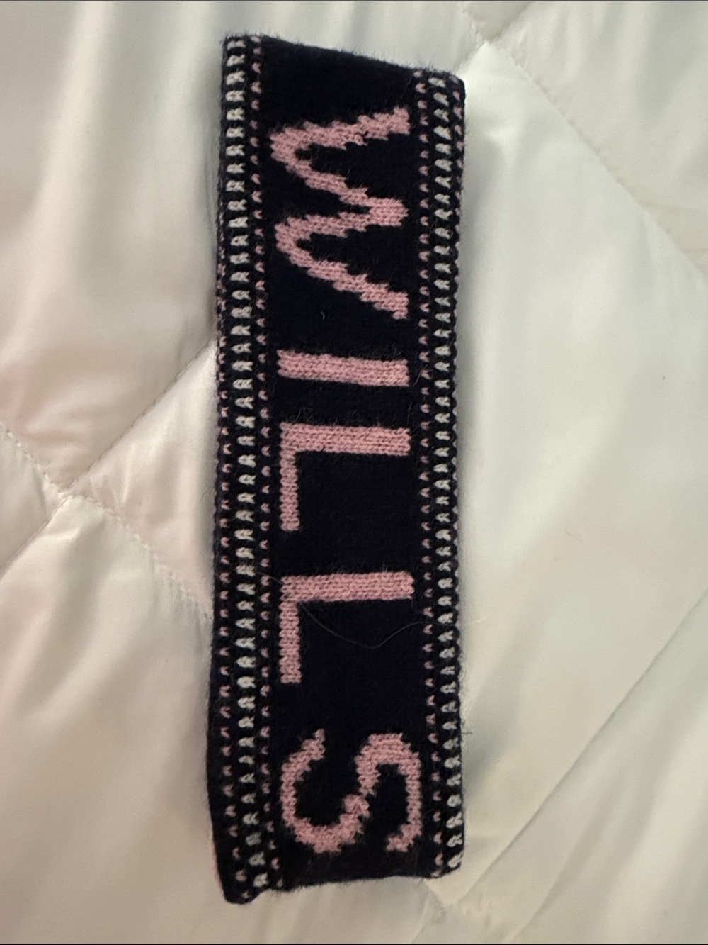 Black and Pink Knit Headband with Text Detailing